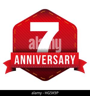 Seven year anniversary badge with red ribbon Stock Vector