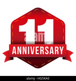 Eleven year anniversary badge with red ribbon Stock Vector