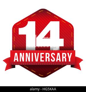 Fourteen year anniversary badge with red ribbon Stock Vector