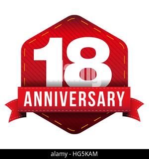 Eighteen year anniversary badge with red ribbon Stock Vector