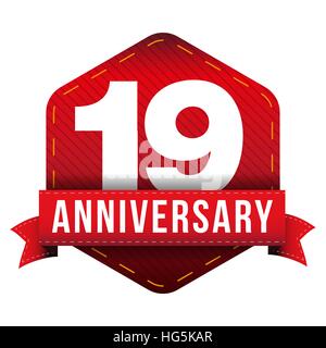 Nineteen year anniversary badge with red ribbon Stock Vector