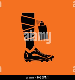 Soccer bandaged leg with aerosol anesthetic icon. Orange background with black. Vector illustration. Stock Vector