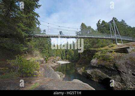 Top Bridge Crossing, a magnificent pedestrian-cyclist suspension bridge spanning the Englishman River  SCO 11,353. Stock Photo