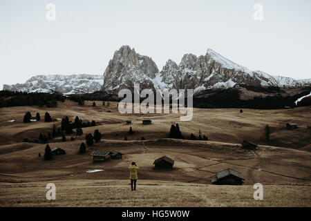 Wooden houses on a field at the foot of a mountain range, photographed before sunrise. Stock Photo
