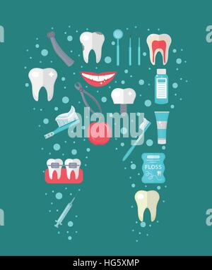 Dental icon set in tooth form, flat style. Stomatology kit .Dentistry collection of design elements. Vector illustration, clip art. Stock Vector