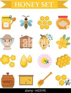 Honey icon set, flat, cartoon style. Beekeeping collection of objects isolated on white background. Apiculture kit  design elements. Vector illustration Stock Vector