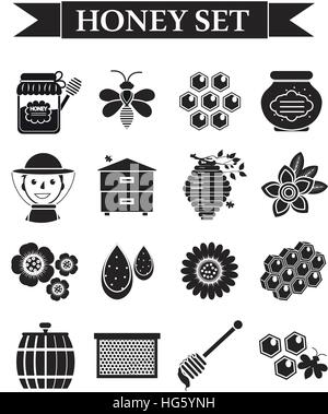 Honey icons set, black silhouette style. Beekeeping collection of objects isolated on white background. Apiculture kit  design elements. Vector illustration Stock Vector
