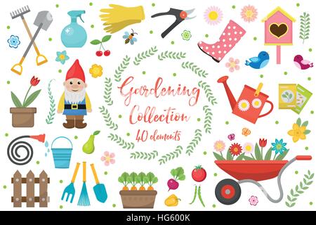 Gardening icons set, design elements. Garden tools and decor collection, isolated on a white background. Vector illustration. Stock Vector