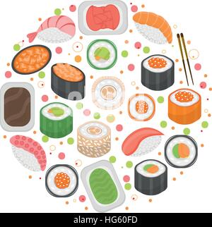 Sushi set icons, in round shape, flat style. Japanese cuisine isolated on white background. Vector illustration, clip art. Stock Vector