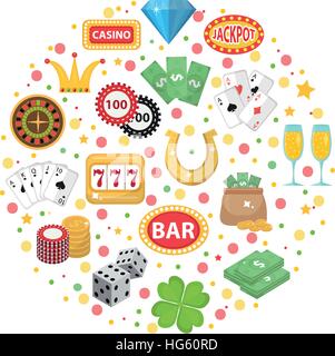 Casino icons in round shape flat style. Gambling set isolated on a white background. Poker, card games, one-armed bandit, roulette collection of design elements. Vector illustration, clip art. Stock Vector