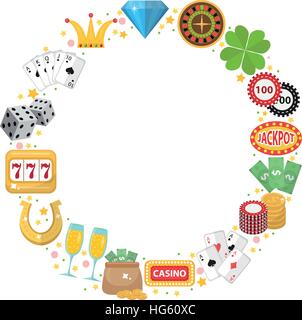 Casino frame with space for text. Gambling isolated on a white background. Poker, card games, one-armed bandit, roulette. Vector illustration, clip art. Stock Vector