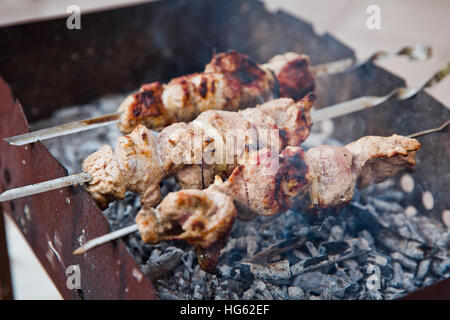 Barbecue shashlyk skewers with meat, herb and spice on coal Stock Photo