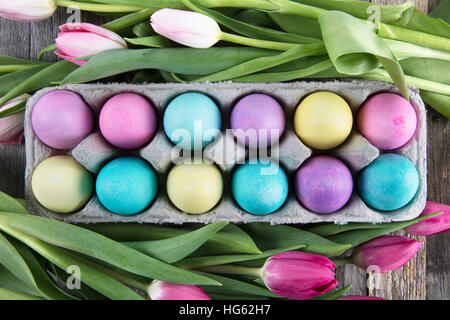 Colorful Easter eggs in carton surrounded by tulip. Stock Photo