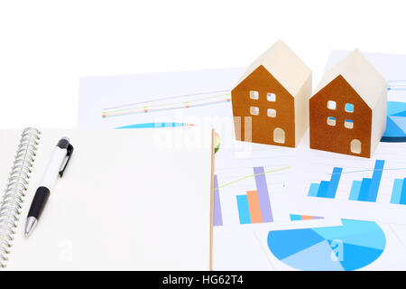 Miniature model of house on chart printed documents Stock Photo