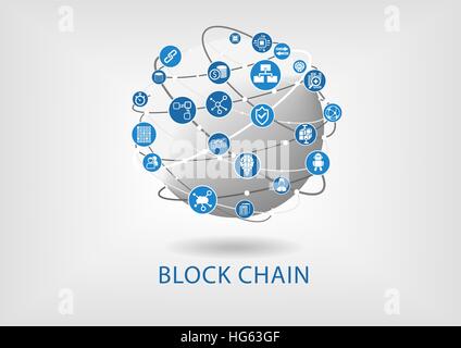 Block chain vector illustration with connected globe on light grey background Stock Vector