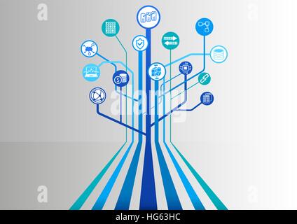 Blockchain vector background with various icons like distributed database, anonymized transfer and crypto-currency. Stock Vector