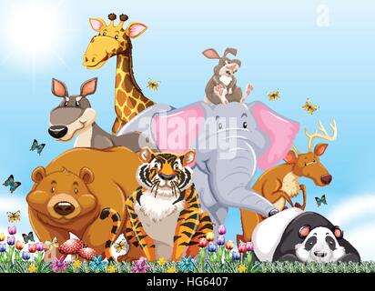Many types of wild animals in the field illustration Stock Vector