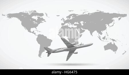 Grayscale of world map and airplane illustration Stock Vector