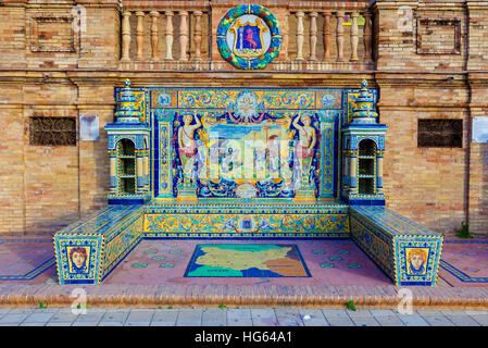 Glazed tiles bench of spanish province of Badajoz at Plaza de Espana, Seville, Spain Stock Photo