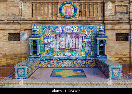 Glazed tiles bench of spanish province of Burgos at Plaza de Espana, Seville, Spain Stock Photo