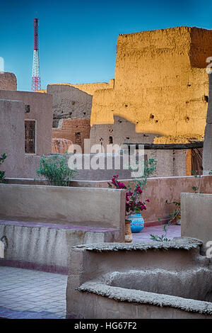 Ksar Elkhorbat, Morocco.  Rooftop of the Casbah, Cell Phone Tower in Distance. Stock Photo
