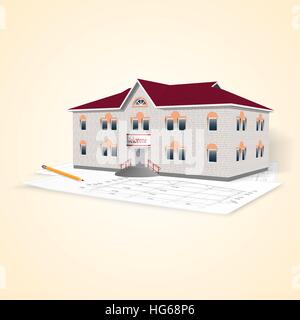 Realistic separately standing brick office building with drawings and pencil. Perspective view. Vector illustration. Stock Vector
