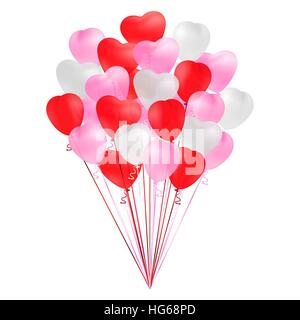 Bunch of transparent realistic heart shaped balloons of red, pink and white colors isolated on white background. Decoration for Birthday, Valentines Day, romantic cards design. Vector illustration. Stock Vector