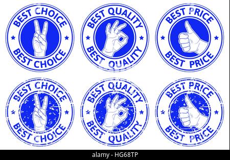 Set of blue badges with hand gesture symbols: we win, ok, thumb up. Vector illustration. Stock Vector