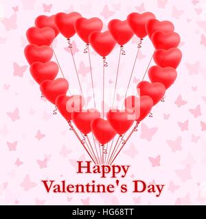 Red heart shaped balloons on pink background with butterflies. Greeting card. Vector illustration. Stock Vector