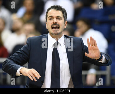 Berlin's coach Ahmet Caki watches from the sidelines during the basketball Eurocup group stages fixture between ALBA Berlin and Unicaja Malaga in the Mercedes-Benz Arena in Berlin, Germany, 04 Janaury 2017. Photo: Soeren Stache/dpa Stock Photo