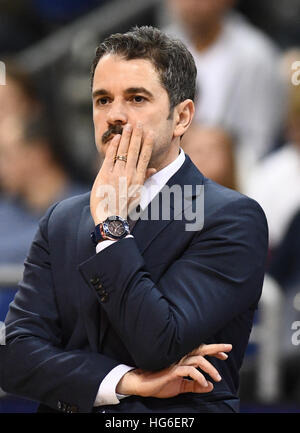Berlin's coach Ahmet Caki watches from the sidelines during the basketball Eurocup group stages fixture between ALBA Berlin and Unicaja Malaga in the Mercedes-Benz Arena in Berlin, Germany, 04 Janaury 2017. Photo: Soeren Stache/dpa Stock Photo