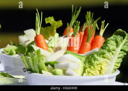 FILE - A file picture dated 27 June 2011 shows bowls with vegetables and lettuce on a table near Boizenburg, Germany. Photo: Jens Büttner/dpa-Zentralbild/dpa Stock Photo