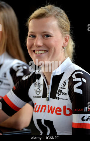 Greven, Germany. 5th Jan, 2017. The Dutch cyclist Rozanne Slik presents herself in front of special guests at the Muenster-Osnabrueck airport in Greven, Germany, 5 January 2017. The professional cyclist is part of the team Sunweb located at Deventer in the Netherlands. It is licenced as a UCI WorldTeam. Photo: Michael Bahlo/dpa/Alamy Live News Stock Photo