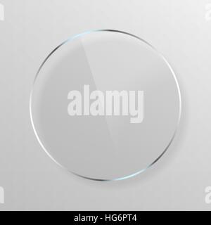 Transparent round circle. See through element on checkered background. Plastic banner with reflection and shadow. Glass plate mock up. Vector illustra Stock Vector