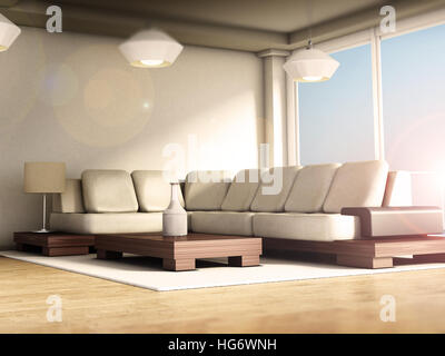 Modern room interior with large windows and parquet floor. 3D illustration. Stock Photo