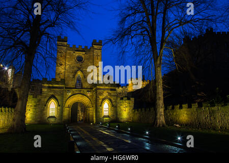 Floodlit view of the gateway to Durham Castle/University College Durham from Palace Green, Durham, England. Stock Photo