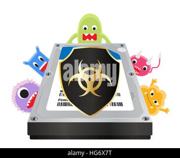 internal harddisk with a virus computer protection shield Stock Vector