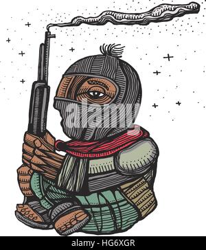 Hand drawn vector illustration or drawing of a zapatist rebel soldier Stock Vector