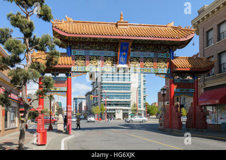 Victoria, Vancouver Island, BC, Canada. Chinatown gate, known as The Gates of Harmonious Interest Stock Photo