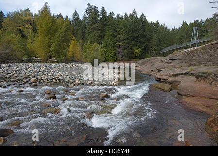 Top Bridge Crossing, a magnificent pedestrian-cyclist suspension bridge spanning the Englishman River  SCO 11,343. Stock Photo