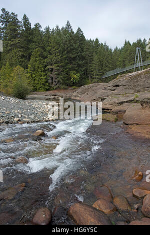 Top Bridge Crossing, a magnificent pedestrian-cyclist suspension bridge spanning the Englishman River  SCO 11,344. Stock Photo