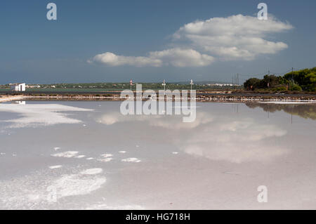 View of saline from Formentera with reflection of sky on the water Stock Photo