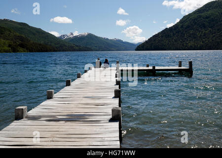 Pier on Lago Hermoso along the Seven Lakes Drive, Nahuel Huapi National Park, The Lake District, Argentina, South America Stock Photo