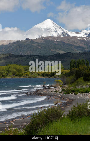 Volcan Lanin stratovolcano and Lago Huechulafquen, Lanin National Park, near Junin de los Andes, The Lake District, Argentina Stock Photo