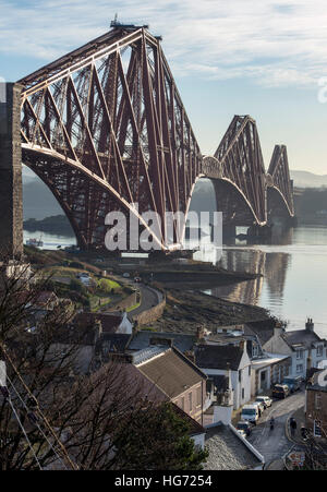 The Forth Rail Bridge viewed from the village of North Queensferry looking south over the Firth of Forth. Stock Photo