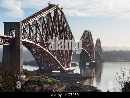 The Forth Rail Bridge viewed from the village of North Queensferry looking south over the Firth of Forth.