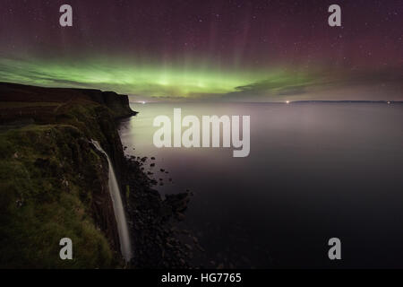 Aurora over Mealt Falls, Isle of Skye, Scotland Stock Photo