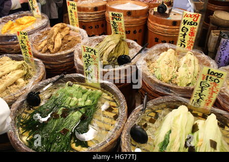 A market stall selling pickled and fermented vegetables in Kyoto, Japan Stock Photo