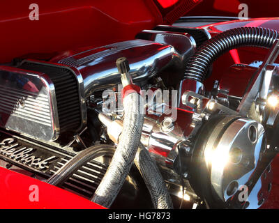 Retro/ vintage/ old/ antique car. Detail of engine with Edelbrock logo. Stock Photo