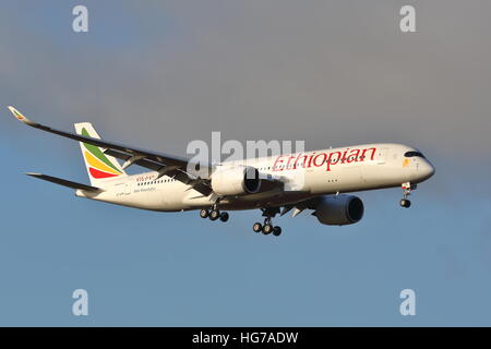 Ethiopian Airlines Airbus A350-900 ET-ATR landing at London Heathrow Airport, UK